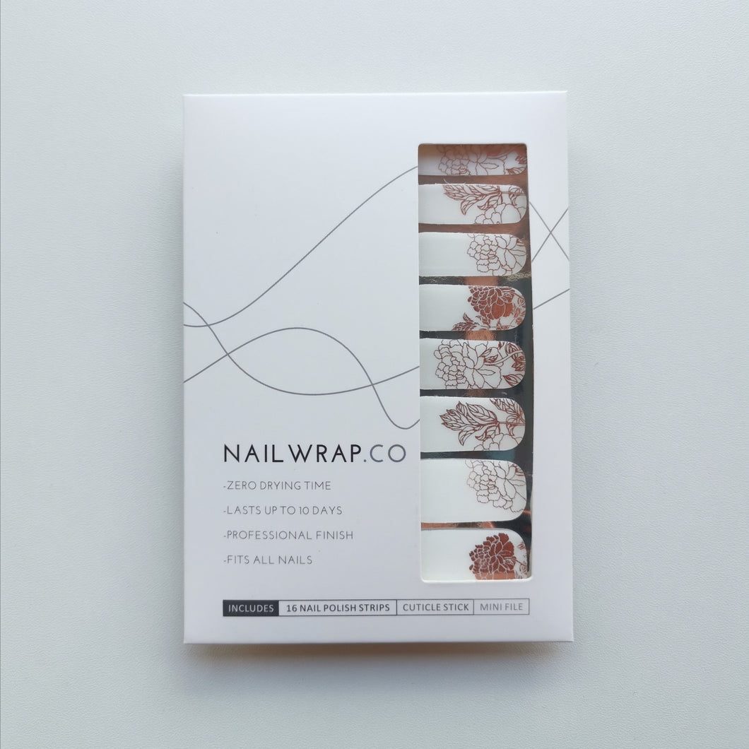 Buy Rose Gold Peonies Overlay Premium Designer Nail Polish Wraps & Semicured Gel Nail Stickers at the lowest price in Singapore from NAILWRAP.CO. Worldwide Shipping. Achieve instant designer nail art manicure in under 10 minutes - perfect for bridal, wedding and special occasion.