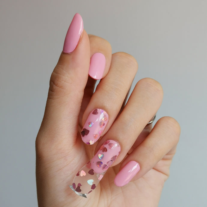 Buy Holo Pink Heart Overlay Premium Designer Nail Polish Wraps & Semicured Gel Nail Stickers at the lowest price in Singapore from NAILWRAP.CO. Worldwide Shipping. Achieve instant designer nail art manicure in under 10 minutes - perfect for bridal, wedding and special occasion.